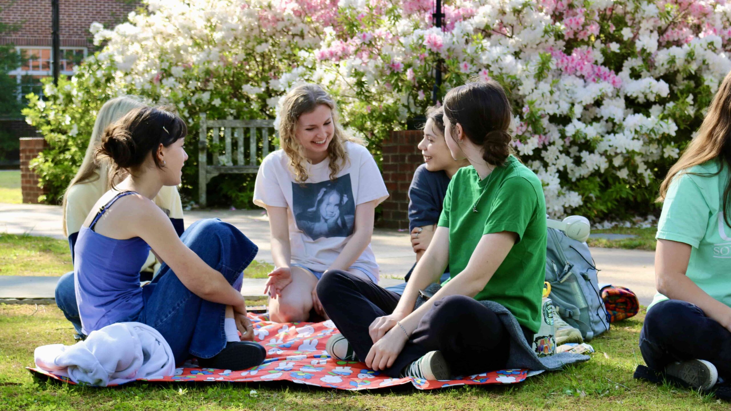 Five students smiling and talking as they sit on a blanket outside on a sunny day.