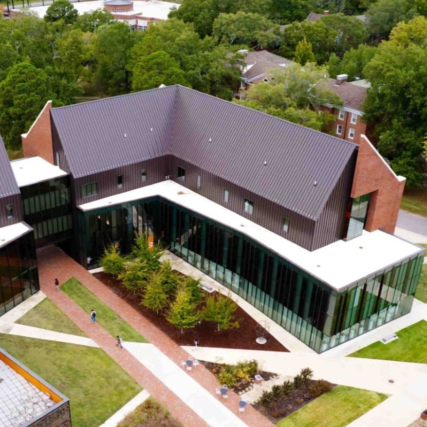 Aerial view of the exterior of the Windgate Museum building.