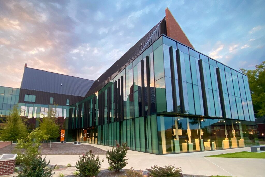Glass, metal, and brick exterior of the Windgate Museum of Art.