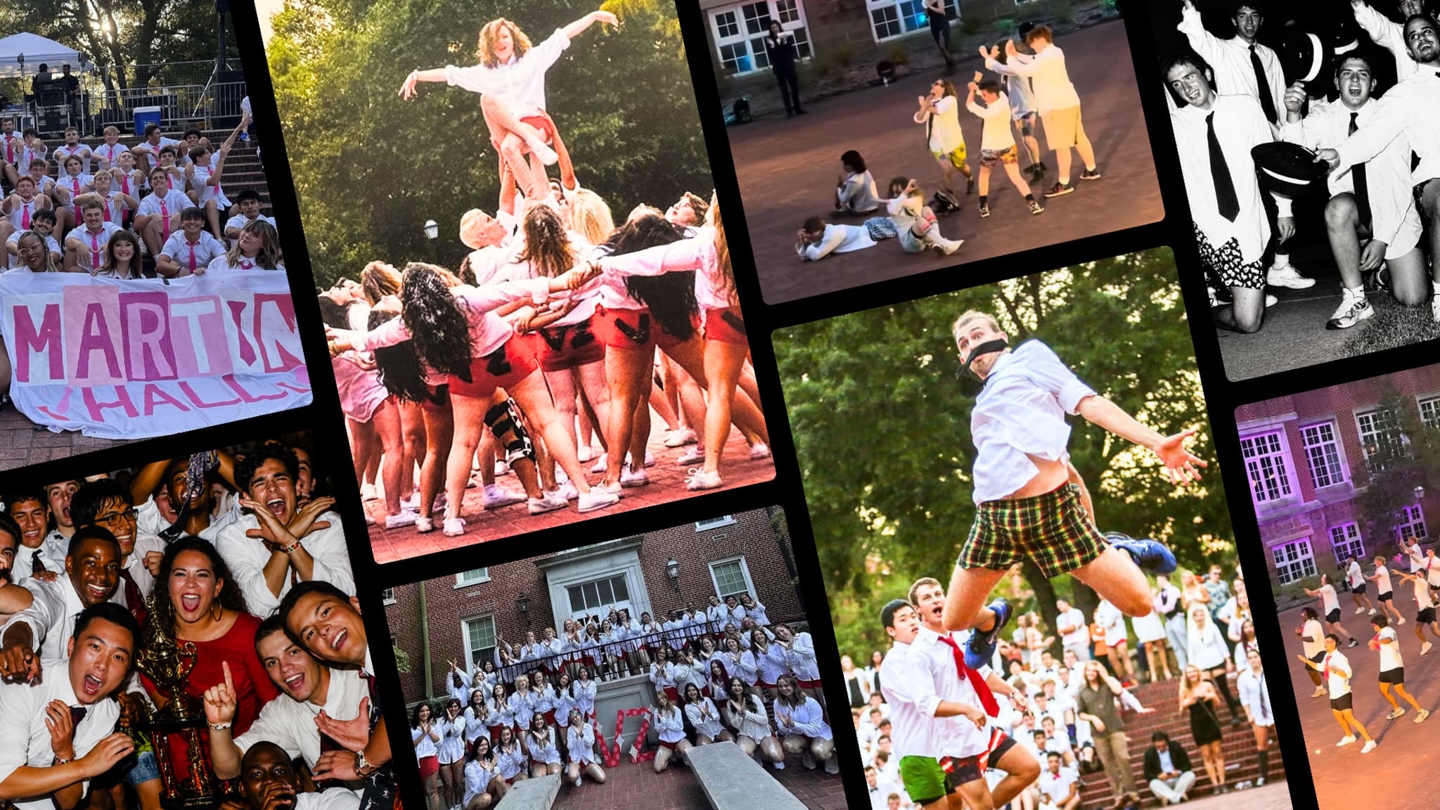 A photo collage of Hendrix students participating in energetic dance numbers for the Shirttails residence hall campus tradition.