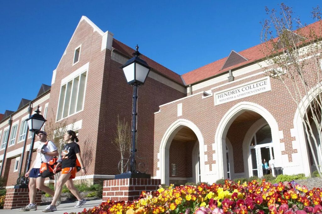 Two students exiting the Hendrix Wellness and Athletics Center.