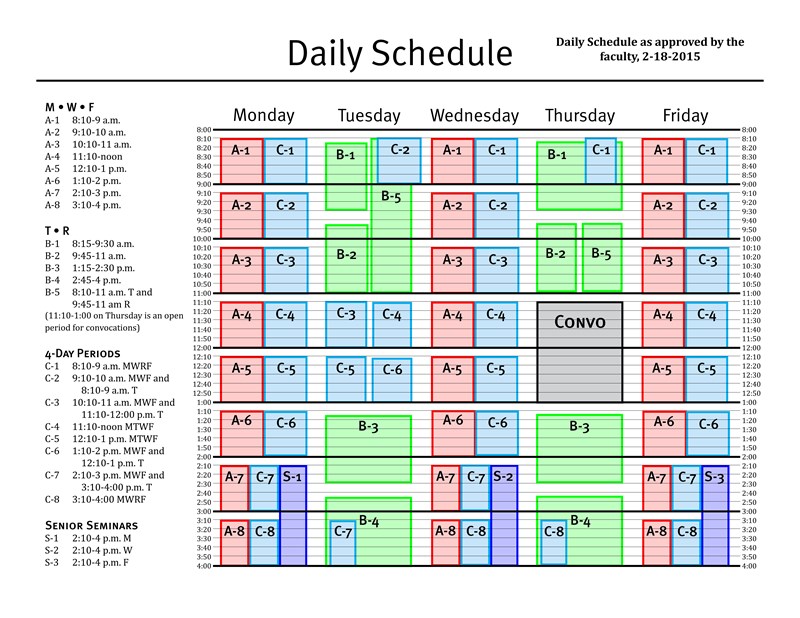 Daily Class Schedule for MWF, TR, and 4-Day Period classes, as well as Senior Seminars.