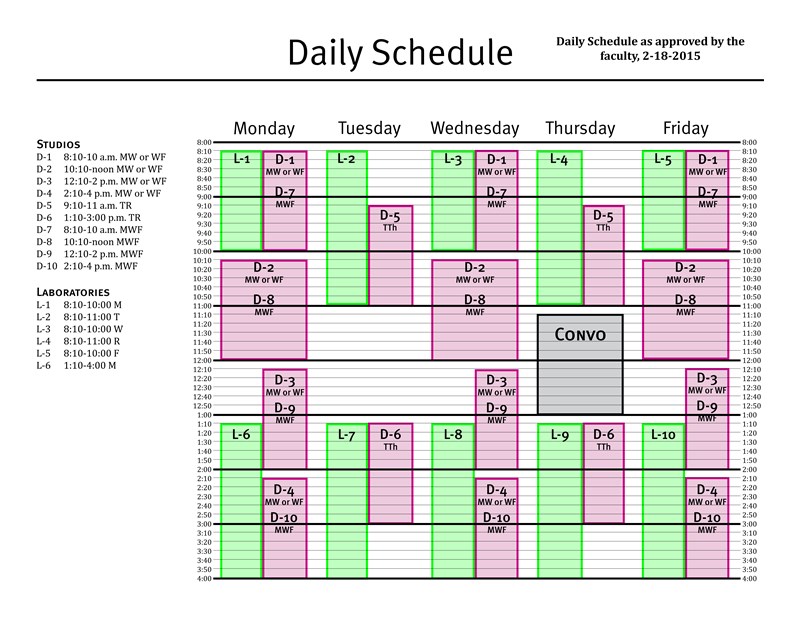 Daily schedule for studio and lab classes.