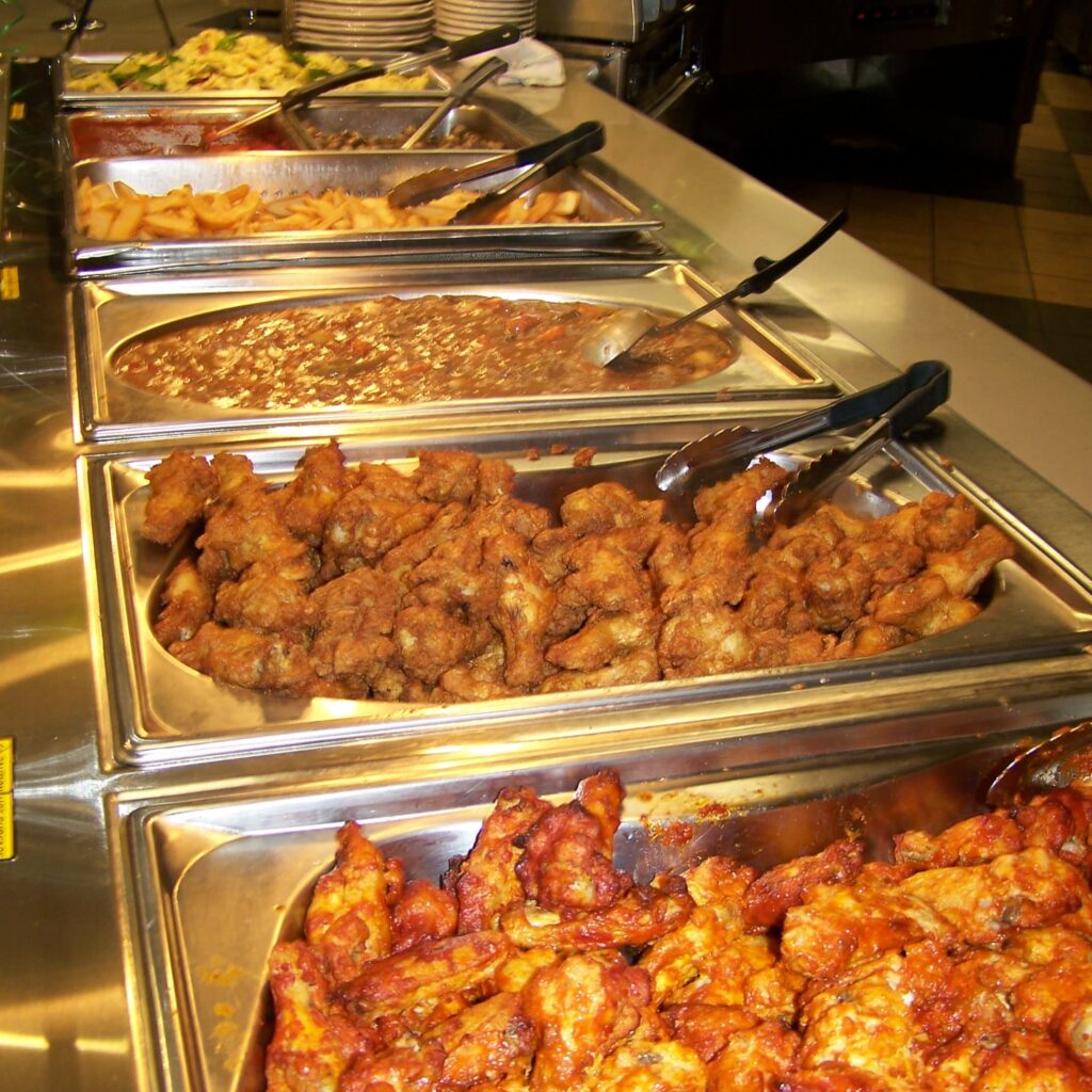 Chicken wings, gumbo, and french fries at the Homestyle line.