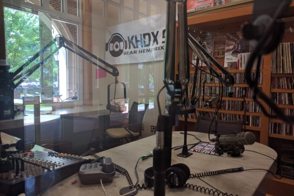 The inside of the KHDX Radio booth.